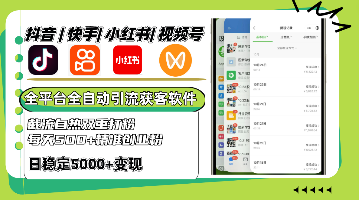 抖音快手小红书视频号全平台全自动引流获客系统，截流自热双重打粉，每天500+精准粉-玖卿社区
