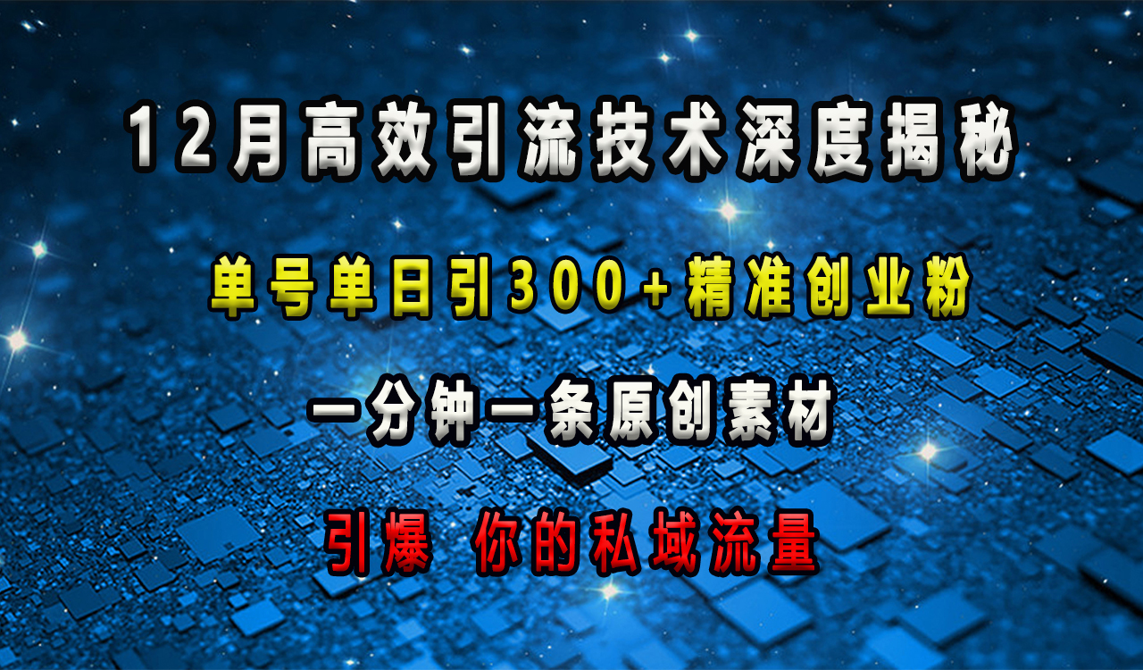12月高效引流技术深度揭秘 ，单号单日引300+精准创业粉，一分钟一条原创素材，引爆你的私域流量-玖卿社区