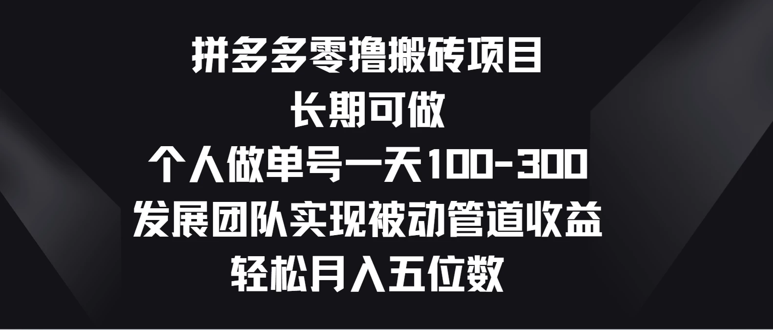 拼多多零撸搬砖项目，长期可做，个人做单号一天100-300，发展团队实现被动管道收益，轻松月入五位数-玖卿社区