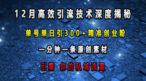 最新高效引流技术深度揭秘 ，单号单日引300+精准创业粉，一分钟一条原创素材，引爆你的私域流量-玖卿社区