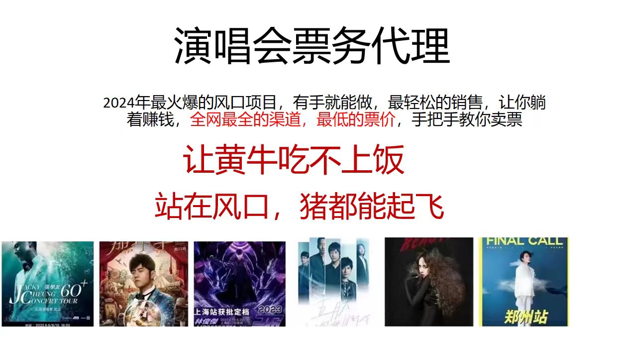 演唱会票务代理，2024年最火爆风口项目，全网最低的票价，小白一分钟上手日入2000+-玖卿社区