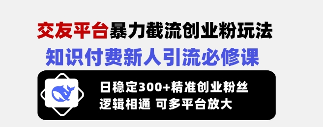 交友平台暴力截流创业粉玩法，知识付费新人引流必修课，日稳定300+精准创业粉丝，逻辑相通可多平台放大-玖卿社区