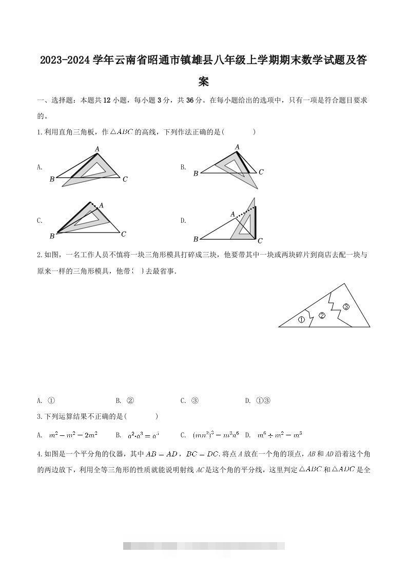2023-2024学年云南省昭通市镇雄县八年级上学期期末数学试题及答案(Word版)-玖卿社区