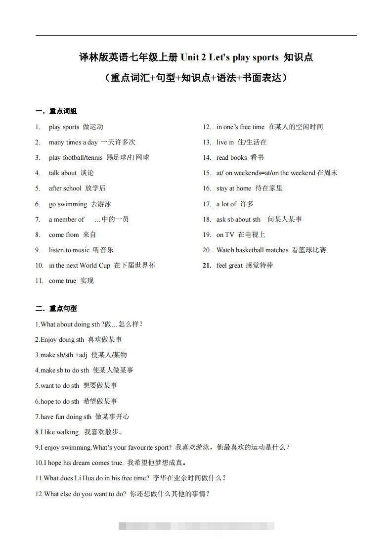 译林版英语七年级上册Unit2Let’splaysports知识点_-玖卿社区