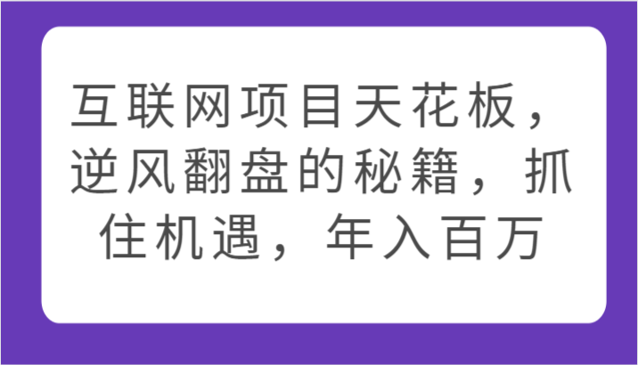 互联网项目天花板，逆风翻盘的秘籍，抓住机遇，年入百万-玖卿社区
