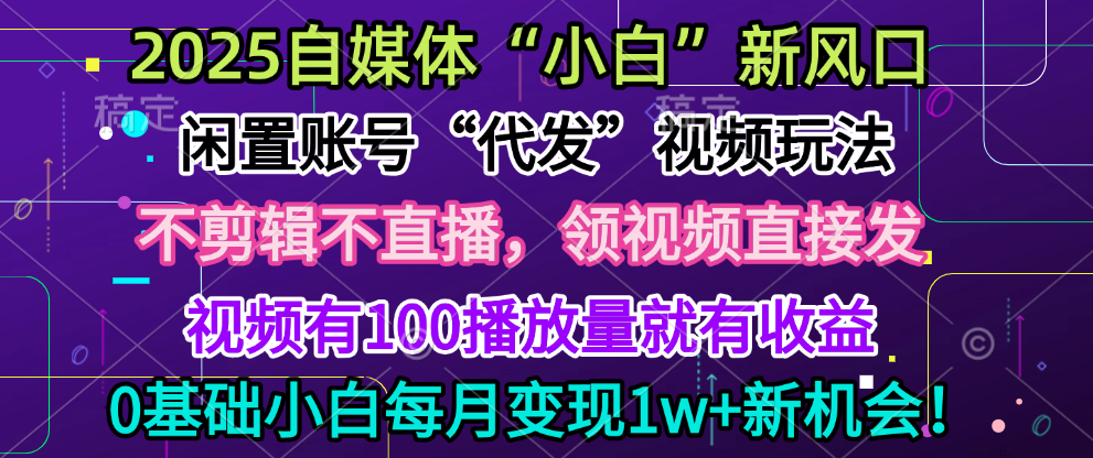 2025每月躺赚5w+新机会，闲置视频账号一键代发玩法，0粉不实名不剪辑，领了视频直接发，0基础小白也能日入300+-玖卿社区
