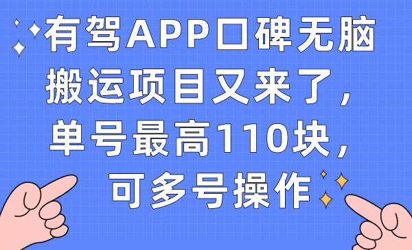 有驾APP口碑无脑搬运项目又来了，单号最高110块，可多号操作-玖卿社区