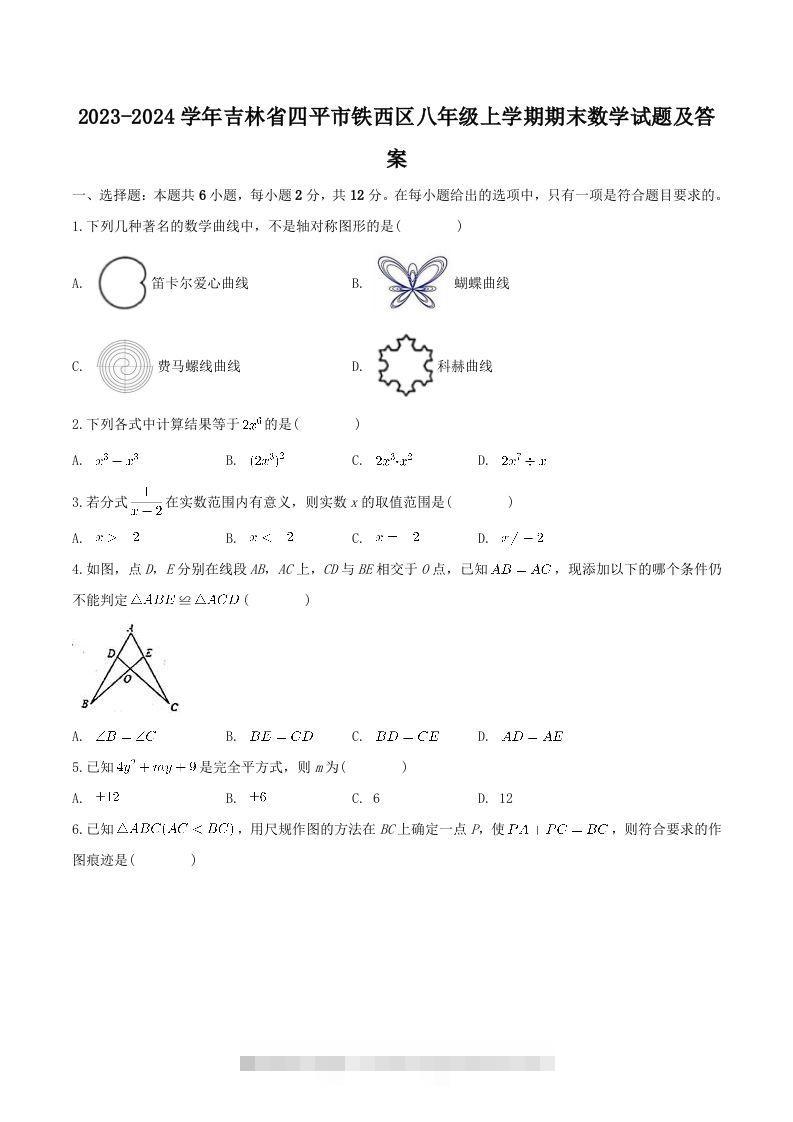 2023-2024学年吉林省四平市铁西区八年级上学期期末数学试题及答案(Word版)-玖卿社区