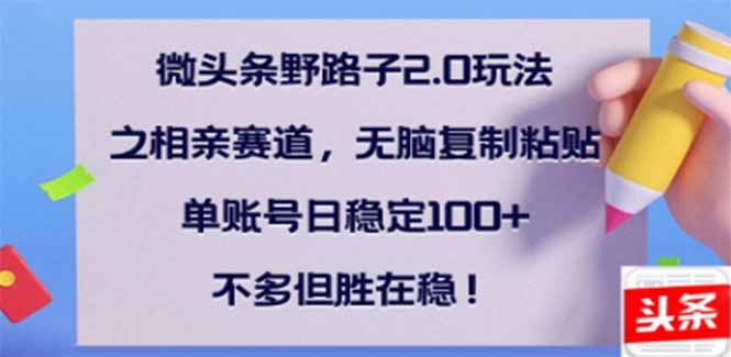 微头条野路子2.0玩法之相亲赛道，无脑搬砖复制粘贴，单账号日稳定300+…-玖卿社区