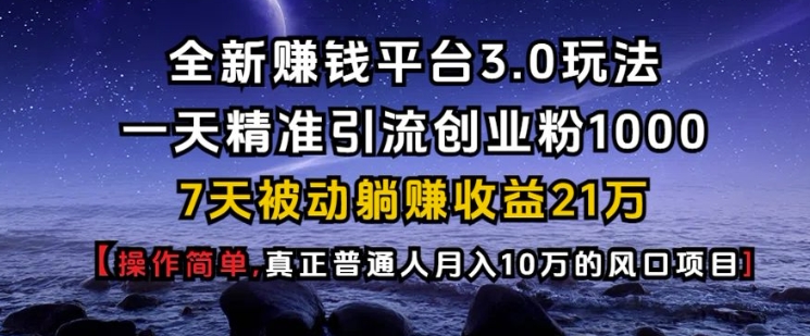 全新赚钱平台3.0玩法一天精准引流创业粉1000.7天被动躺Z收益21W【仅揭秘】-玖卿社区