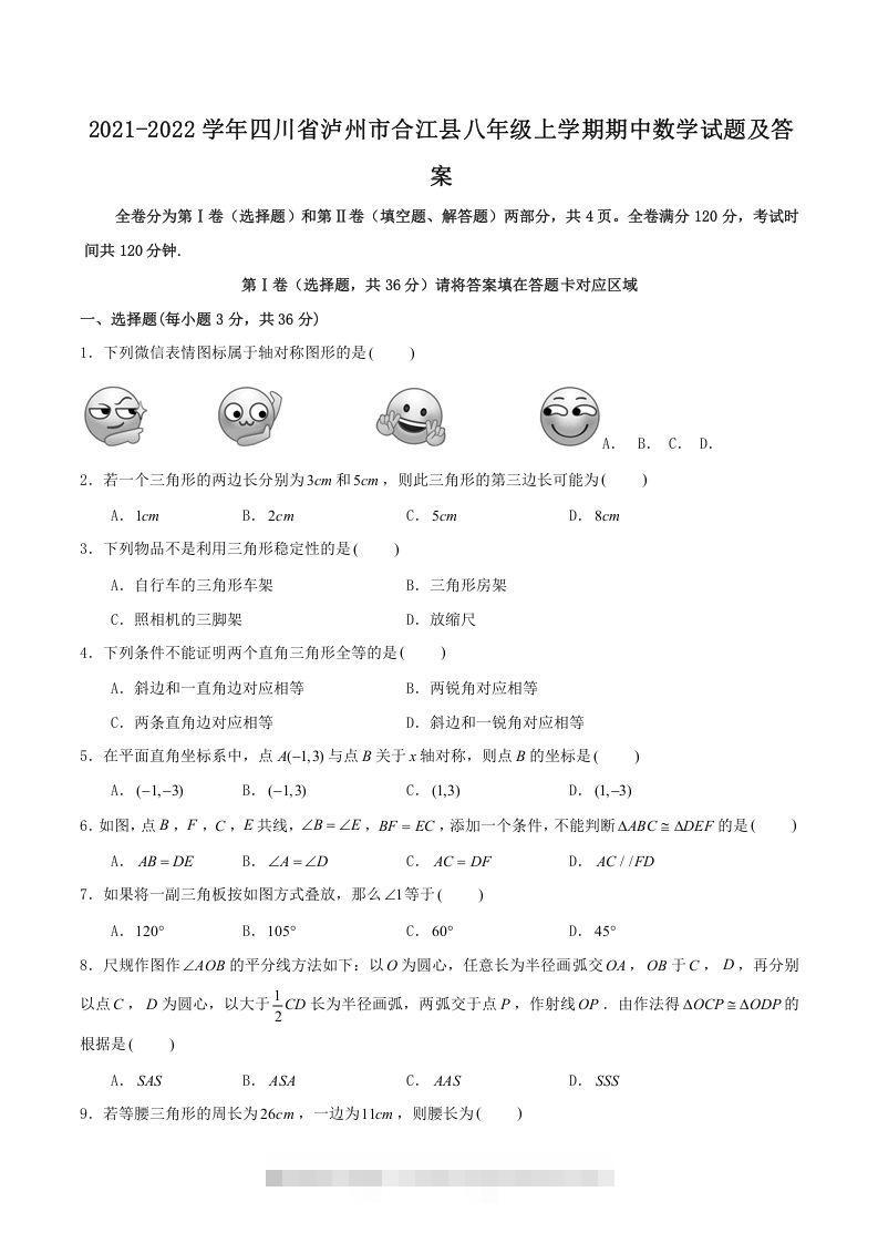 2021-2022学年四川省泸州市合江县八年级上学期期中数学试题及答案(Word版)-玖卿社区