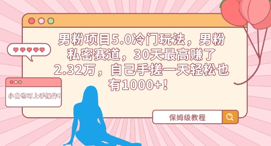 男粉项目5.0冷门玩法，男粉私密赛道，30天最高赚了2.32万，自己手搓一天轻松也有1000+-玖卿社区
