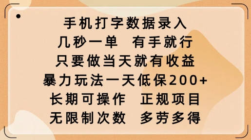 手机打字数据录入，几秒一单，有手就行，只要做当天就有收益，暴力玩法一天低保2张-玖卿社区